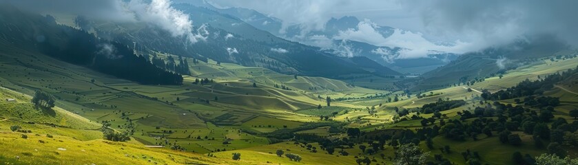 Obraz premium Panoramic view of a lush, green valley surrounded by misty mountains and dense forests, under a cloudy sky.