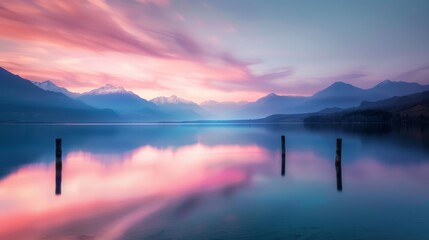 Fototapeta premium Serene Landscape of a Calm Lake at Sunset with Reflective Waters and Soft Pastel Colors