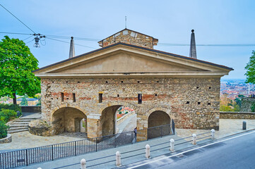 The stone backside of Porta San Giacomo, Bergamo, Italy