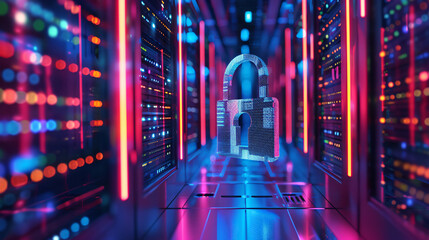 A futuristic data center with a digital lock symbolizing cybersecurity and data protection amidst glowing servers.