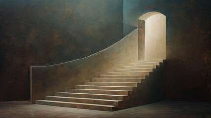 Naklejka premium A dramatic, minimalistic staircase leading to a light-filled doorway in a dark, enigmatic room, evoking a sense of mystery and anticipation.