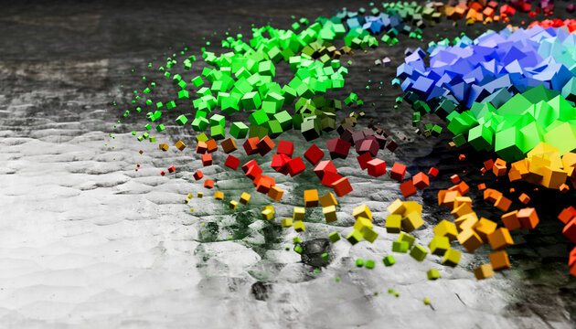 3D render of colorful cubes levitating on water