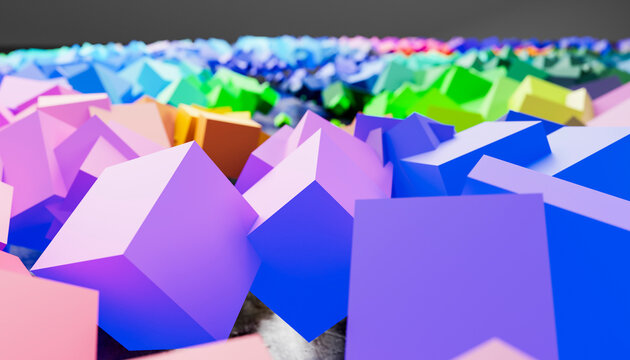3D render of various multi colored cubes