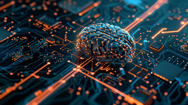 Artificial intelligence concept with a digital brain on a glowing circuit board, symbolizing advanced technology and neural networks.