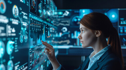 Businesswoman analyzing data on futuristic digital touchscreen display in modern technology office, focusing on analytical charts and graphs.