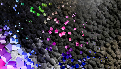 3D rendering of vibrant colored cubes levitating on gray water