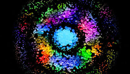 3D rendering of multi colored cubes in circle over black background
