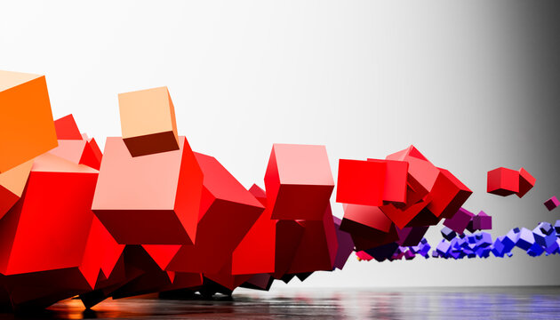 3D render of red and various colored cubes levitating over sea water