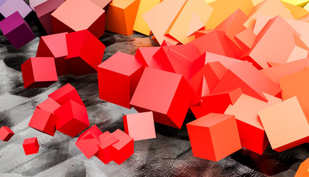3D render of multi colored cubes levitating over water - Powered by Adobe