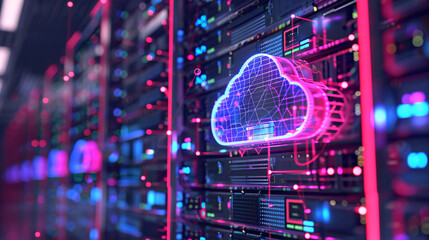 Futuristic cloud computing server room with neon lights and modern technology infrastructure. Digital data storage concept.