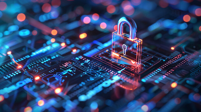 Futuristic cybersecurity concept with digital padlock on a circuit board, representing data protection and information security.
