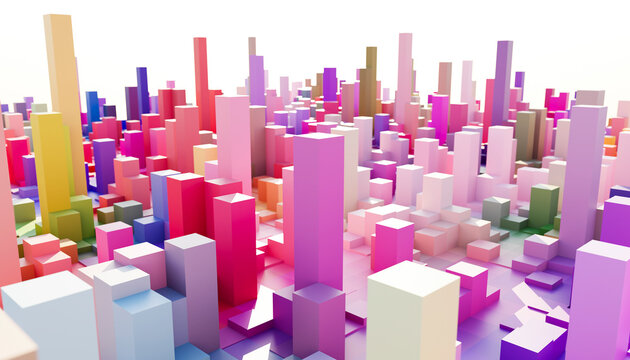 3D render of colorful geometrical shaped abstract buildings