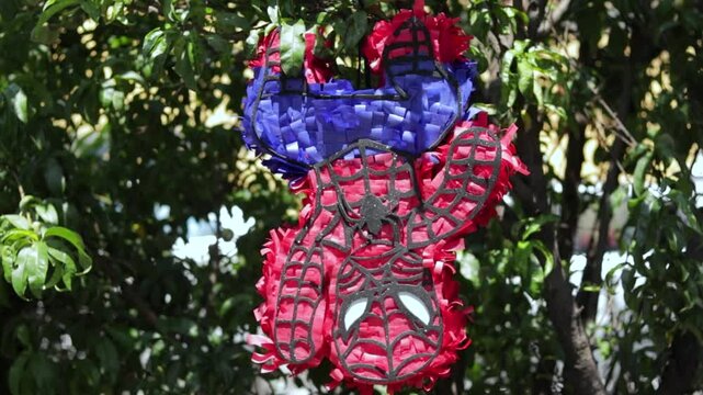 Spider-man themed Pi&ntilde;ata hanged up side down of the tree, superhero Pi&ntilde;ata