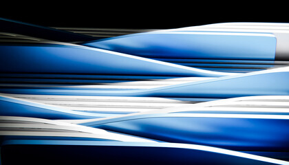 3D rendering of abstract blue and white striped design over black background