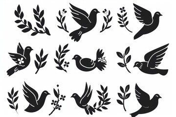 Peace dove graffiti, pigeons, twigs ink illustration. Flying birds silhouettes monochrome flat icons