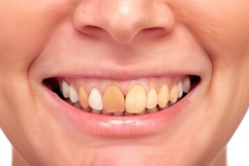 Obraz premium Yellow teeth. Dental bleaching treatment. Gum. Dental deposit. Bad teeth, yellowish and decaying front tooth. Dentist patient. Dental tartar. Oral bacterial plaque. Hygiene