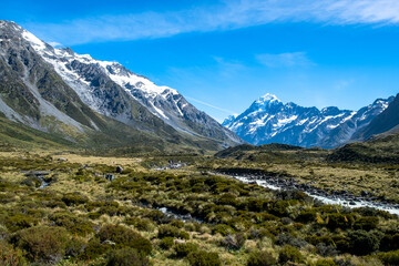 Fototapeta premium A winding path through Hooker Valley, surrounded by tall snow-capped mountains and lush green fields. The clear blue sky enhances the serene and picturesque alpine environment.