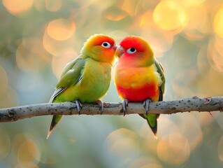 Fototapeta premium Adorable Lovebirds Perched on a Branch Illustrating Natural Love Concept