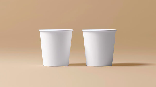 Dos vasos blancos desechables sobre fondo beige, ideales para eventos, fiestas o uso diario en cafeter&iacute;as