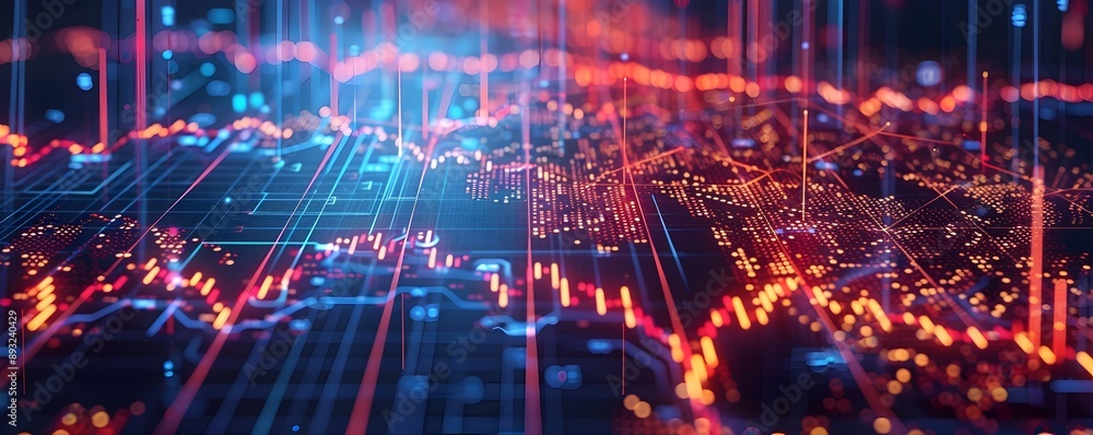 Poster glowing network of global financial market trends and interconnected data visualization