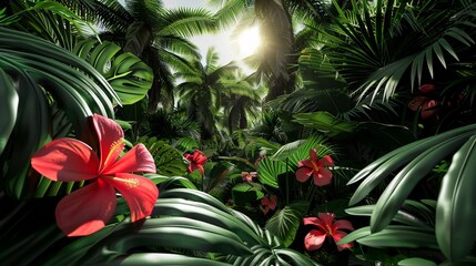 Obraz premium Lush tropical garden with vibrant flowers, palm trees, and exotic plants, sunlight filtering through dense foliage, photorealistic, high detail