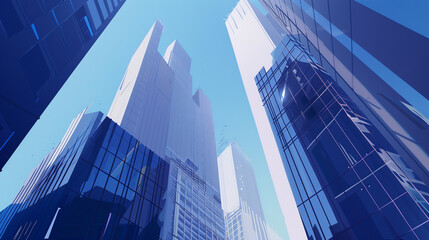 A futuristic skyscraper with a sleek, reflective glass facade rising against a clear blue sky, showcasing modern urban architecture and advanced design