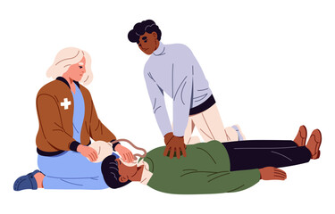 Emergency medics do CPR, heart massage, resuscitation. Ambulance doctors do first aid, help in cardiac arrest. Rescue of victim in accident. Flat isolated vector illustration on white background