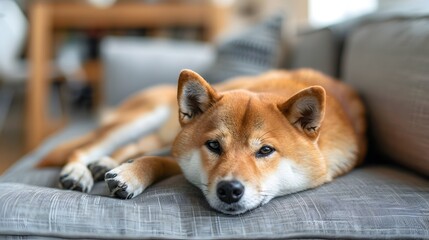 Cozy Shiba Inu Dog Relaxing on Sofa in Blurred Living Room