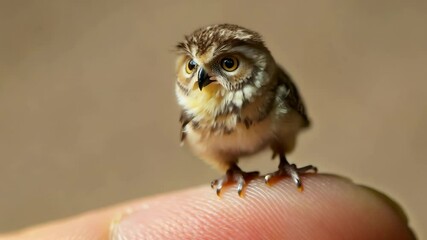 Cute baby owl perched on human finger, exploring surroundings - Powered by Adobe