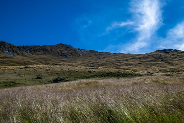 Grassy hills stretch towards a clear blue sky, creating a serene and expansive landscape. The rugged terrain and open sky evoke a sense of peace and natural beauty.