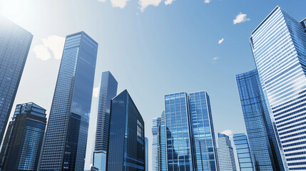 Fototapeta premium A futuristic skyscraper with a sleek, reflective glass facade rising against a clear blue sky, showcasing modern urban architecture and advanced design