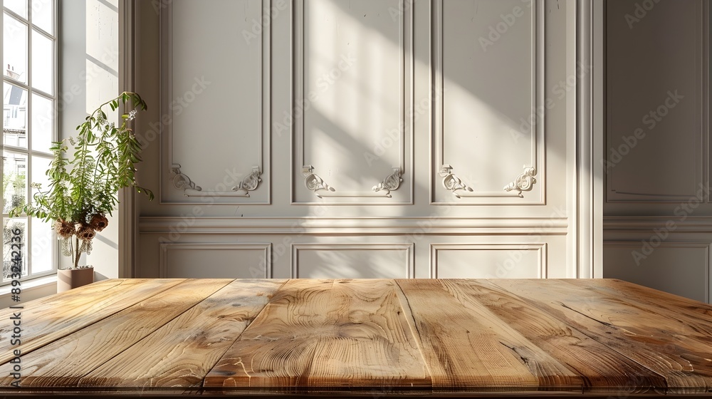 Poster elegant wooden table in timeless room setting for product display and copyspace