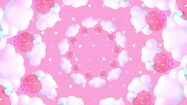 Looped cartoon strawberries and clouds pattern motion graphics.