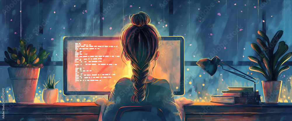 Poster woman coding on computer at home workspace with colorful lighting and indoor plants. software develo