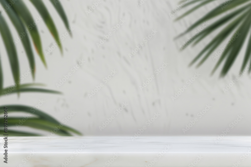 Poster empty marble tabletop for product placement with tropical palm leaves creating a blurred background