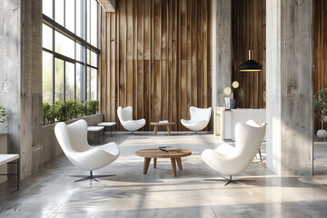 A bright and spacious office lobby featuring minimalist white chairs, wooden accents, and large windows allowing natural light. Ideal for contemporary interior design themes