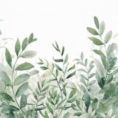 Watercolor illustration of a variety of green leaves and branches
