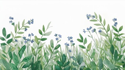 A watercolor painting of blue flowers blooming in a lush green field