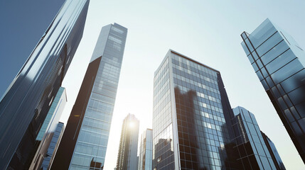 Obraz premium A futuristic skyscraper with a sleek, reflective glass facade rising against a clear blue sky, showcasing modern urban architecture and advanced design