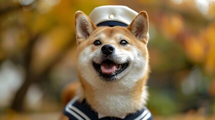 Surreal Shiba Inu Dog in Sailor School Uniform Runs with Bread in Mouth,Blurred Background