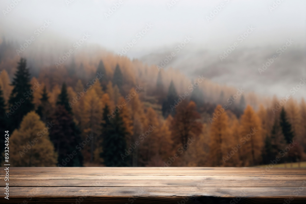 Aufkleber empty wooden table top with a blurred background of coniferous forest and mist, perfect for product 