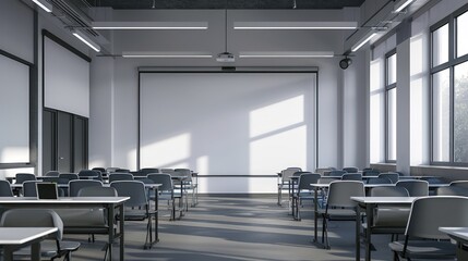 Empty classroom featuring sleek furniture and a large whiteboard