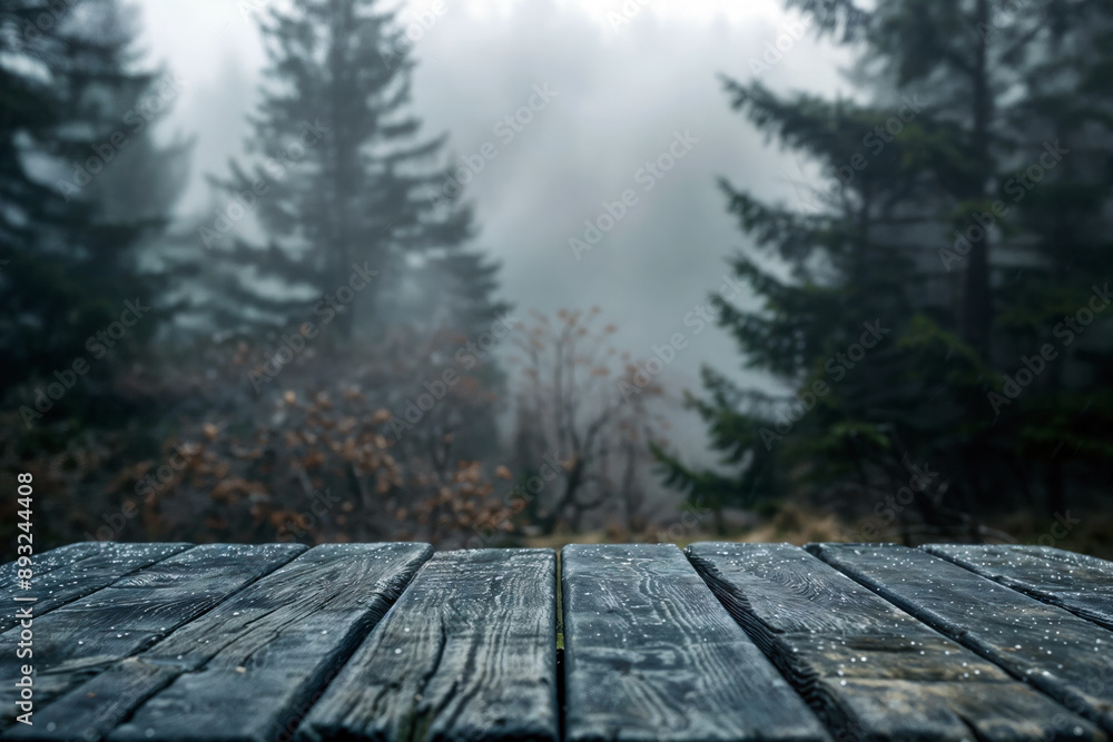Poster empty wooden table top with misty forest in background, ideal for product placement
