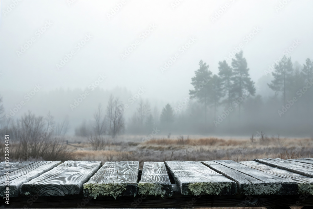 Poster Empty wooden table top with a misty forest in the background, creating a serene and tranquil atmosphere