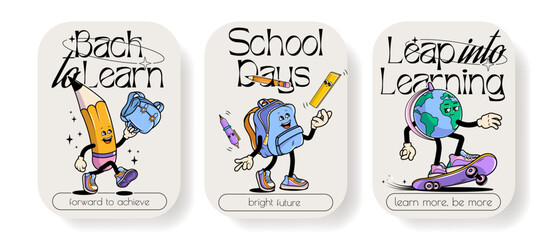 Back to school vector posters set with walking funny cute comic characters. Lettering illustration for t-shirt print. Too cool for school, educational creativity supplies. Vector illustration.	