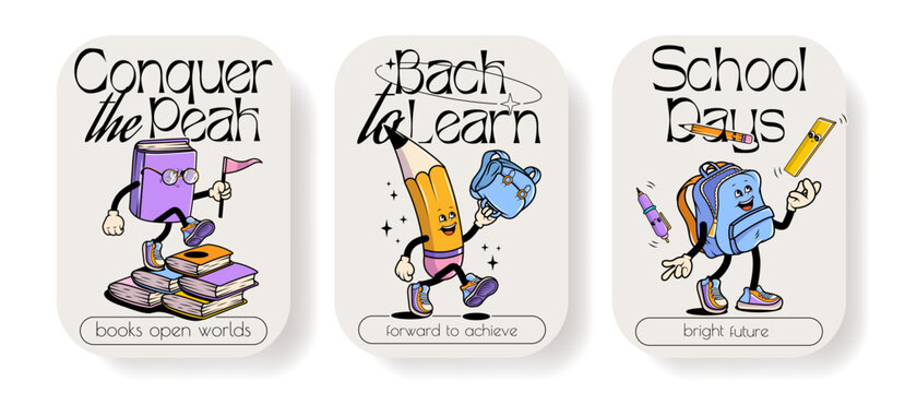 Back to school vector posters set with walking funny cute comic characters. Lettering illustration for t-shirt print. Too cool for school, educational creativity supplies. Vector illustration.	