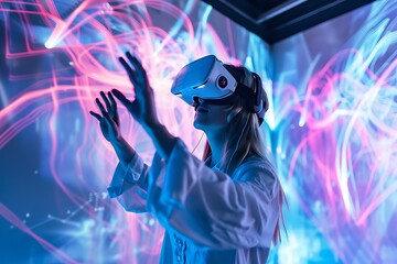 Fototapeta premium Woman Experiencing Virtual Reality with Neon Lights in the Background.