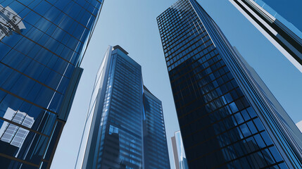 Obraz premium A futuristic skyscraper with a sleek, reflective glass facade rising against a clear blue sky, showcasing modern urban architecture and advanced design