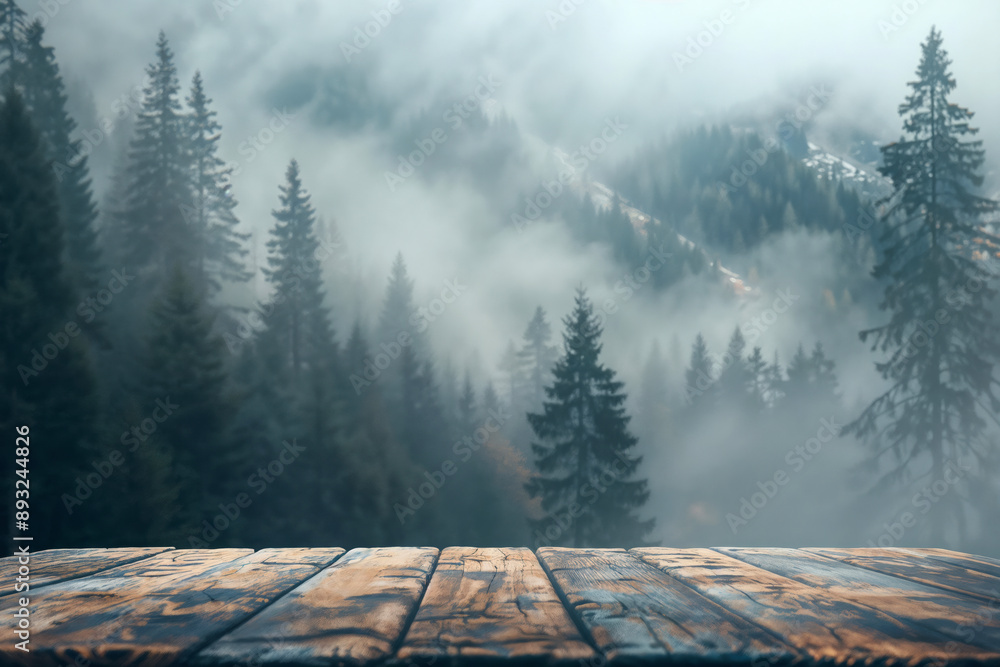 Poster Empty rustic wooden table providing a place to showcase your product against a backdrop of a misty forest
