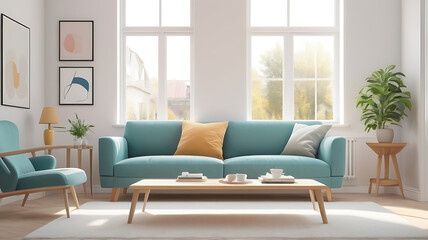 Fototapeta premium A Scandinavian-style sofa in a bright, airy living room, symbolizing simplicity and natural beauty.